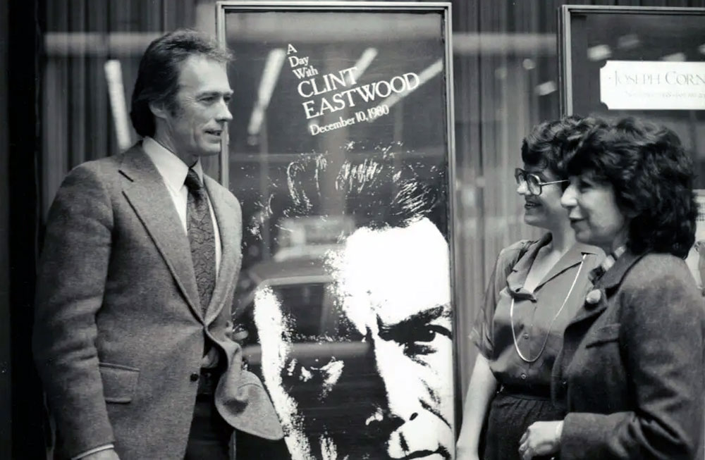 Adrienne Mancia, right, with then-MoMA film director Mary Lea Bandy and Clint Eastwood.